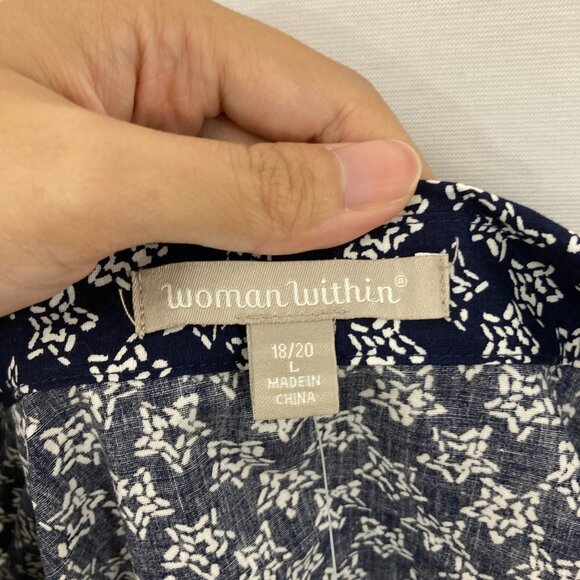 Woman Within size 18/20 Navy Star Print Long Sleeve Button Down Cotton Preppy - Picture 2 of 11